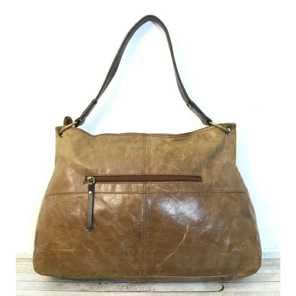 ROOMY Nino Bossi TAN BROWN GENUINE LEATHER ZIP TOP SHOULDER BAG HANDBAG PURSE